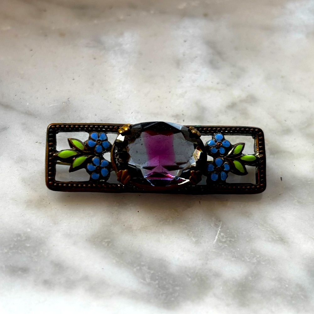 Brooch Pin 1900s Victorian Enameled Leaves Glass Bar